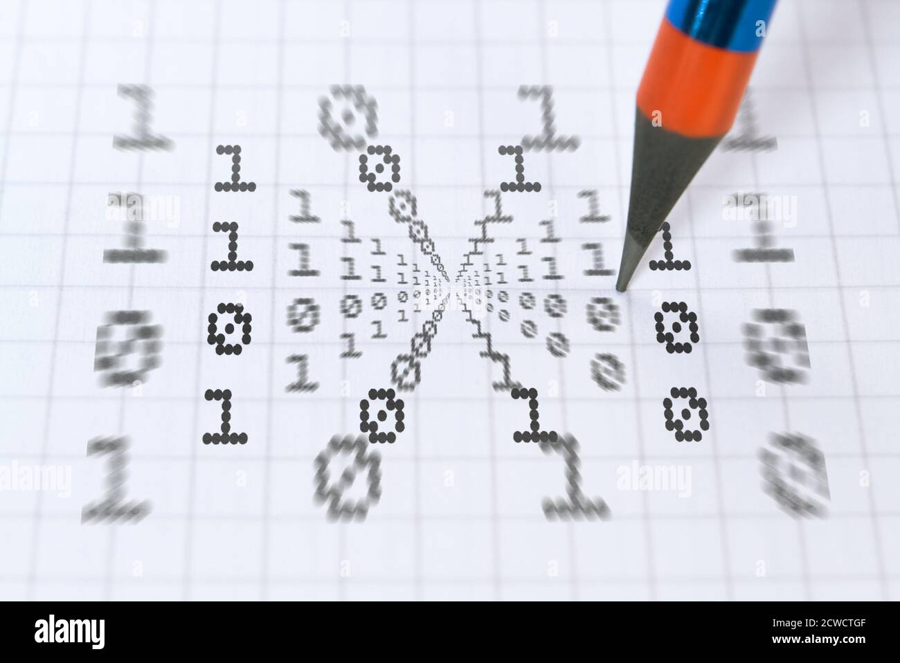 Concept de transfert de données numériques et un crayon sur Bright arrière-plan Banque D'Images