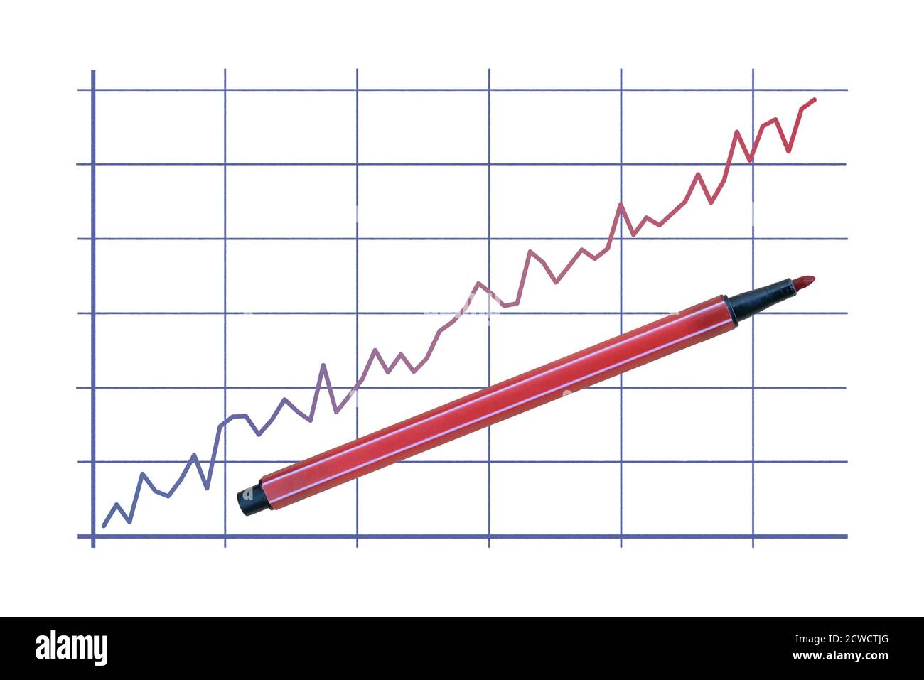 Graphique à deux lignes brisées de couleur et stylo feutre isolé sur fond blanc Banque D'Images