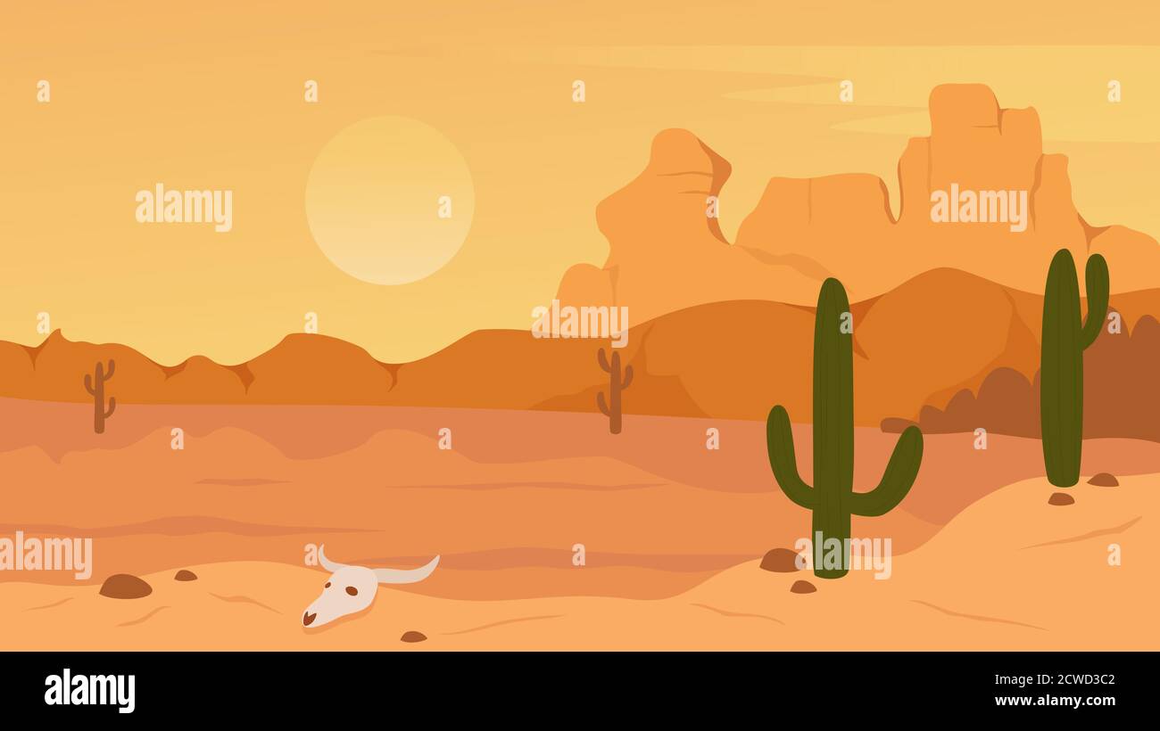 Illustration vectorielle de paysage de nature du désert du Mexique, du Texas ou d'Arisona. Paysage de désert plat et sec avec des rochers de montagne dunes, des cactus et le crâne, scène sauvage et naturelle de la prairie occidentale, nature sauvage. Illustration de Vecteur