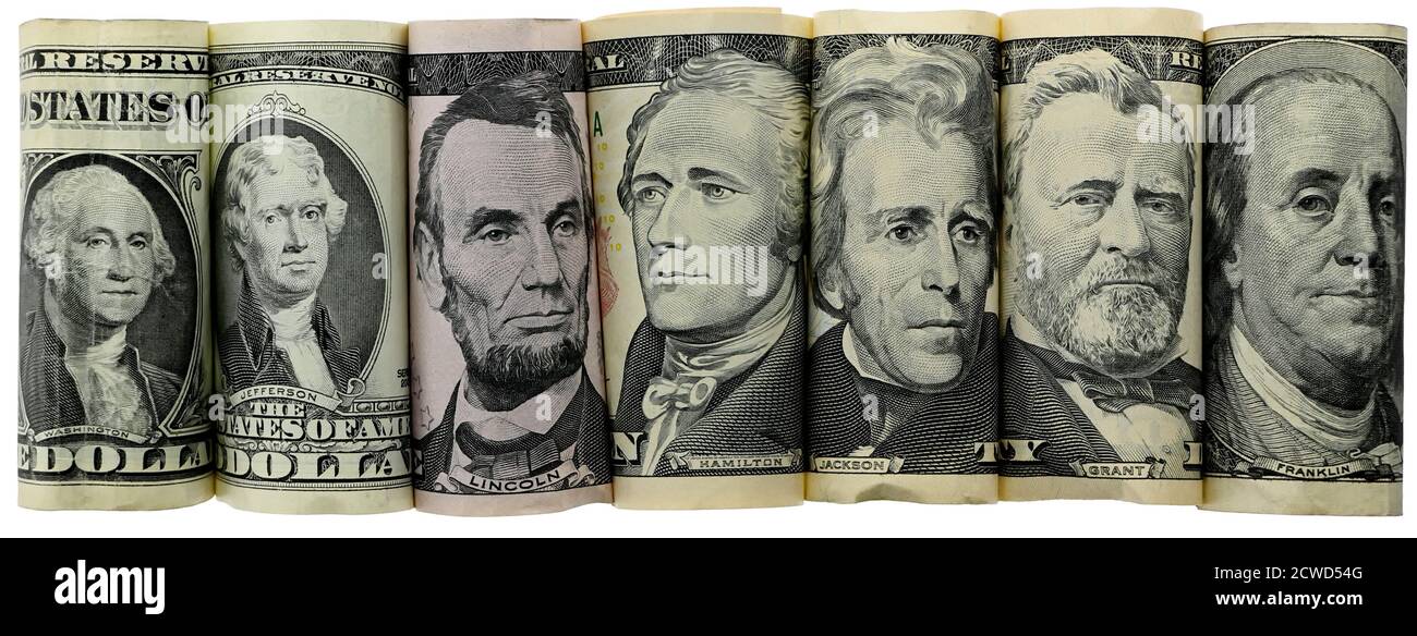 Six présidents et Ben Franklin sur les billets américains monnaie papier, côte à côte, billets de la Réserve fédérale, roulé pour ne montrer que des portraits, Banque D'Images