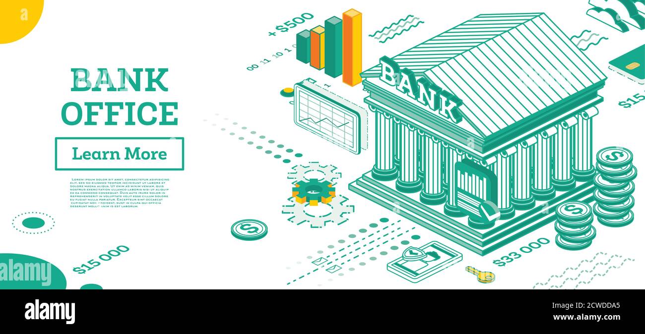 Bâtiment de la banque. Vue isométrique de l'extérieur de la banque. Illustration vectorielle. Concept financier avec Dollar coins et smartphone. Illustration de Vecteur