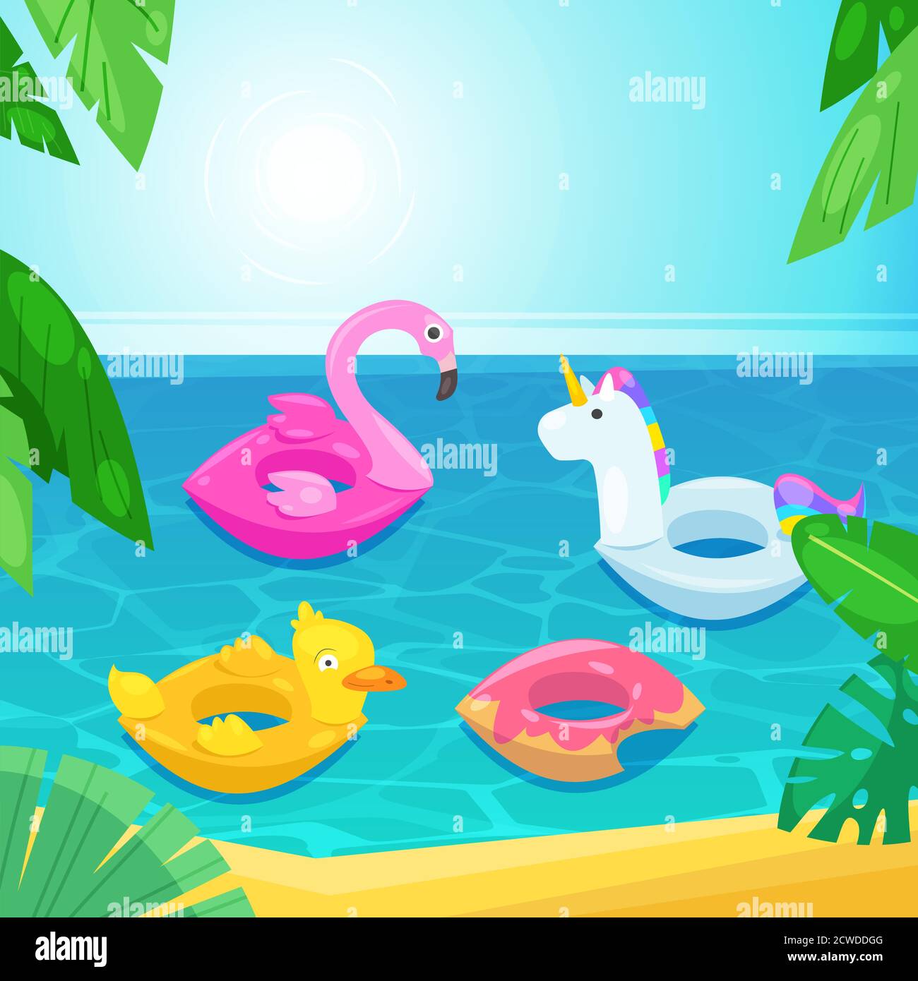 Plage de la mer avec des flotteurs colorés dans l'eau, illustration vectorielle. Enfants jouets gonflables flamant, canard, beignet, licorne. Vacances d'été. Illustration de Vecteur