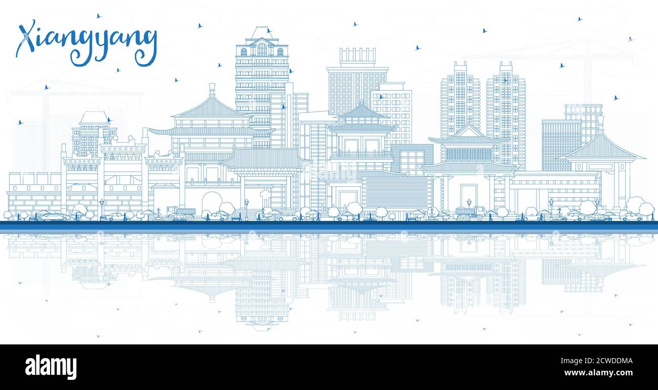 Frontières Xiangyang China City Skyline avec Blue Buildings and Reflections. Illustration vectorielle. Illustration de Vecteur