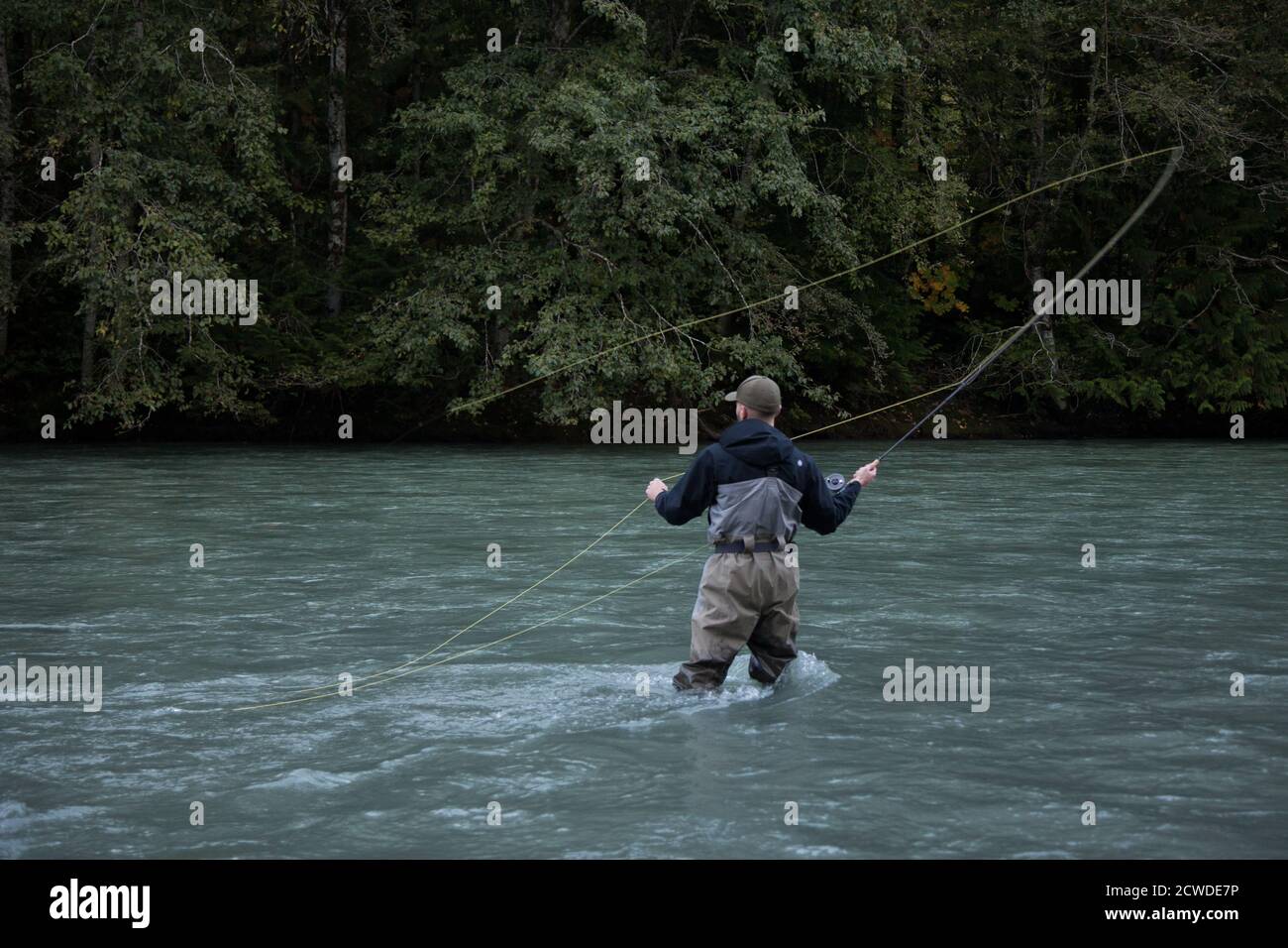 Squamish, Colombie-Britannique / Canada - 09/23/2020: Un pêcheur de mouche jette sa ligne pour un poisson sur la rivière Squamish Banque D'Images