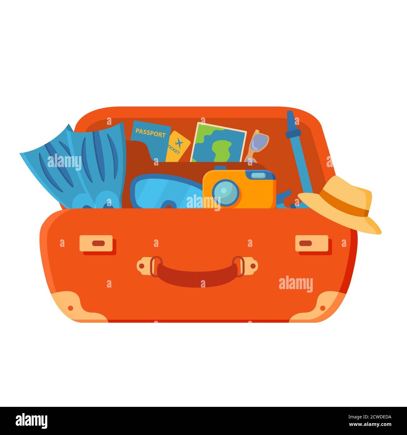 La valise est ouverte. Palmes, appareil photo, lunettes, passeport, billets d'avion, palmiers et étoiles de mer. Illustration de Vecteur