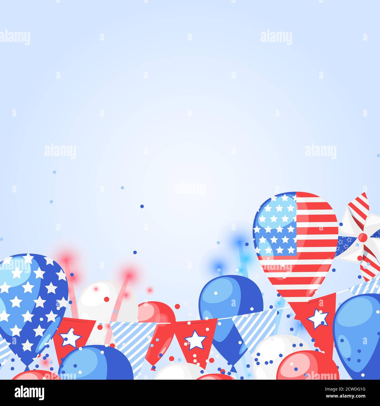 4 juillet, jour de l'indépendance des États-Unis. Abstrait fête célébration vecteur blanc fond. Illustration de feux d'artifice, drapeaux et ballons d'air. Illustration de Vecteur
