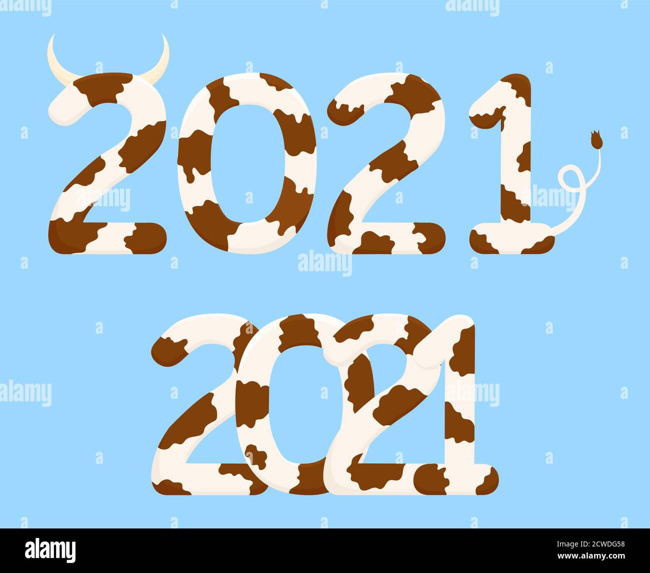 Nouveaux chiffres chinois de l'année 2021, tachetés dans le style du boeuf , symboles de vache marron isolés sur fond bleu Illustration de Vecteur
