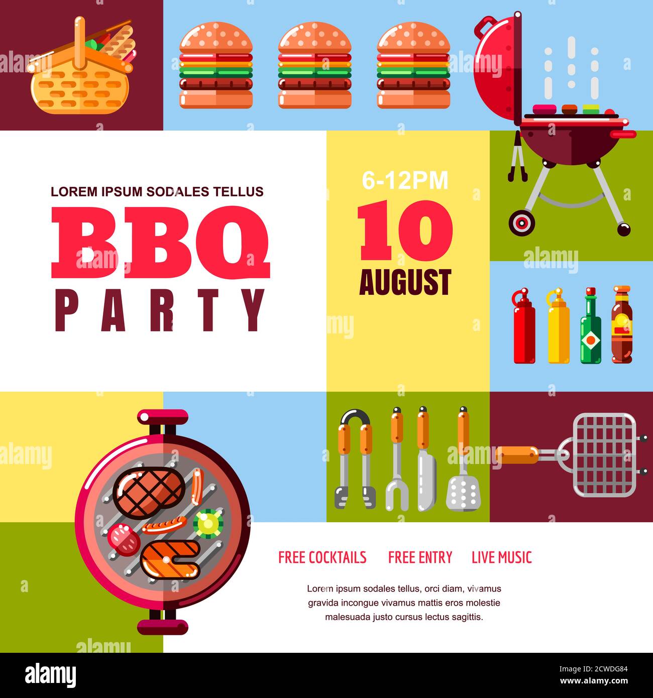 Modèle abstrait d'affiche vectorielle géométrique multicolore ou de bannière. Illustration du barbecue et du gril et éléments de design. Barbecue nourriture, l'équipement et les outils ico Illustration de Vecteur