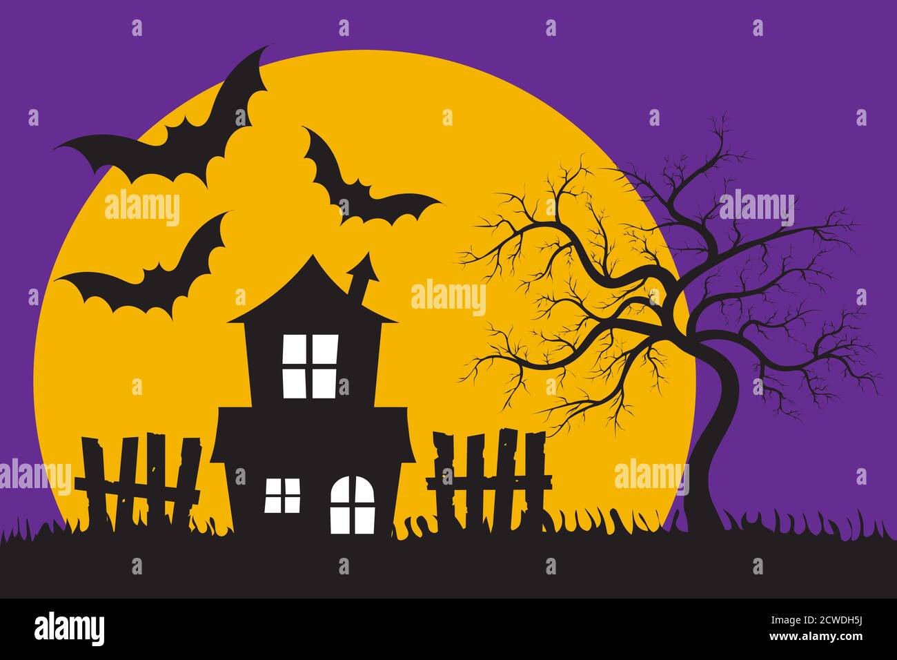 Halloween scène effrayante avec vieille silhouette hantée de maison devant la grande lune et le ciel violet avec des chauves-souris. Halloween concept de vacances Illustration de Vecteur
