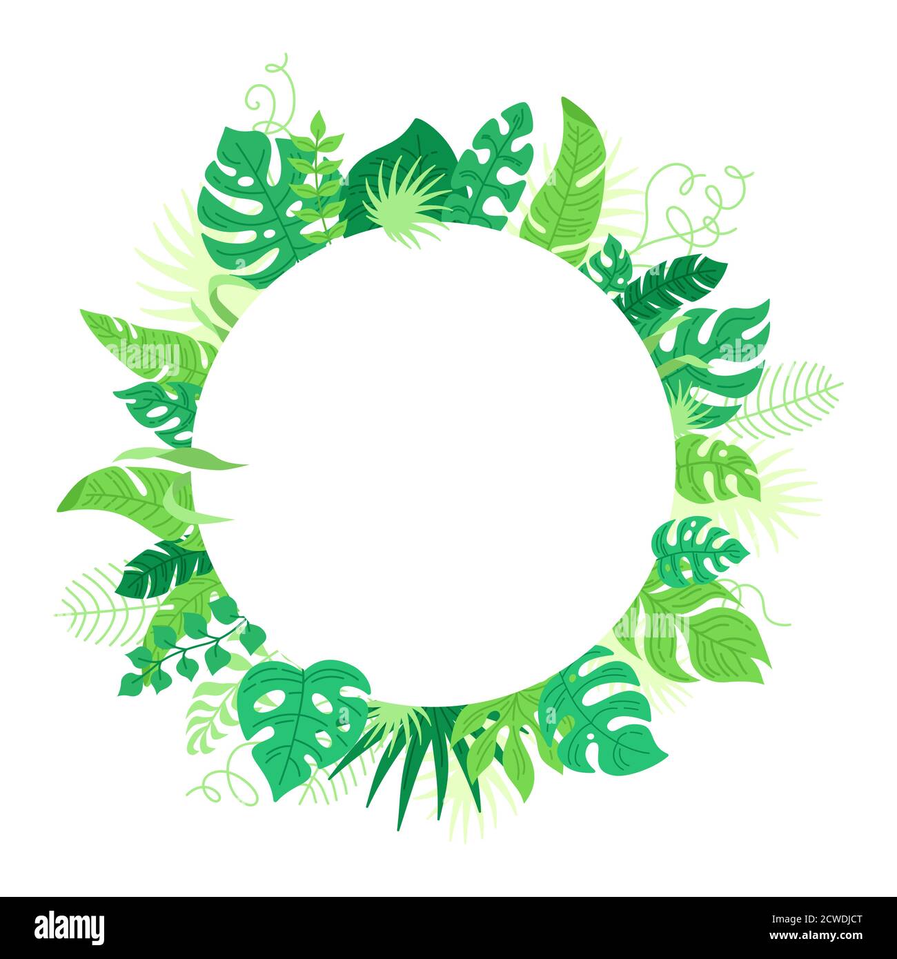 Arrière-plan rond de feuilles tropicales, style de dessin animé. Bannière tendance de modèle abstrait hawaïen. Feuillage tropical de la forêt tropicale avec monstère. Cadre circulaire pour le texte. Illustration vectorielle Illustration de Vecteur