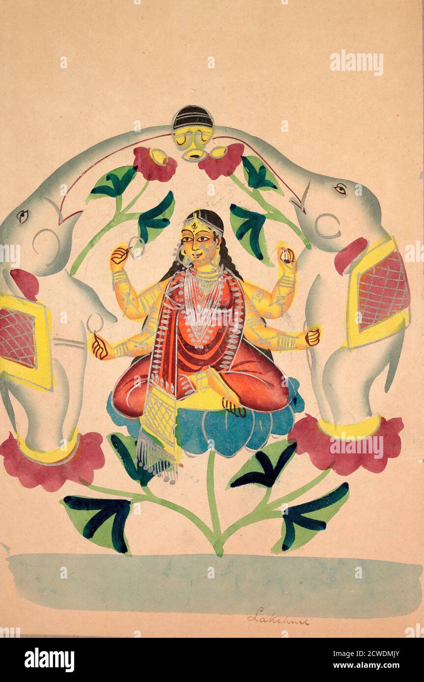 Gajalakshmi : Lakshmi aux éléphants, années 1800. Inde, Calcutta, peinture de Kalighat, 19e siècle. Banque D'Images