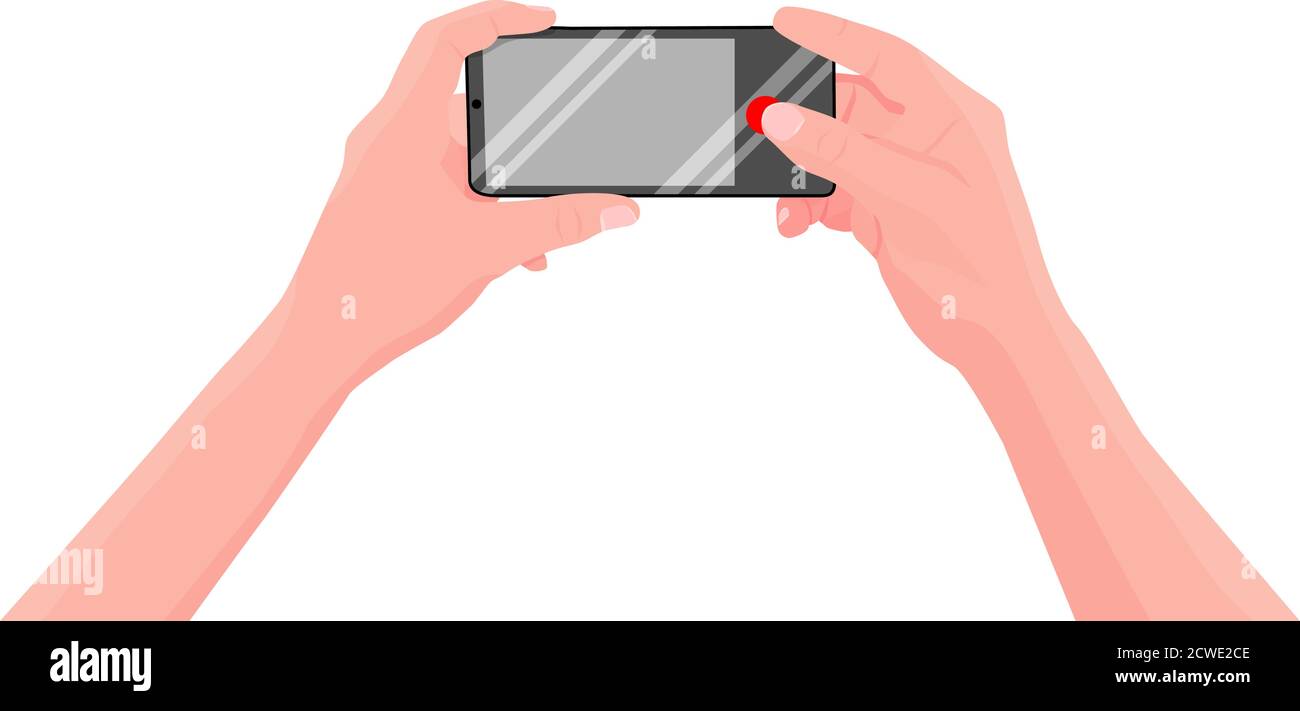 Hommes tient un smartphone entre les mains et prend des photos avec l'appareil photo du téléphone. Vue de la première personne. Isolé sur fond blanc, espace libre pour vos photos. Illustration de Vecteur