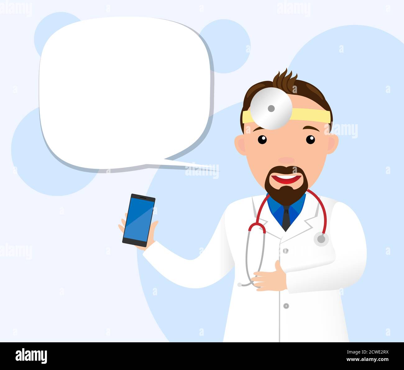 Médecin otolaryngologiste mâle. Un médecin avec stéthoscope consulte les patients par téléphone. Médecine en ligne. Restez à la maison. Illustration vectorielle plate. Illustration de Vecteur
