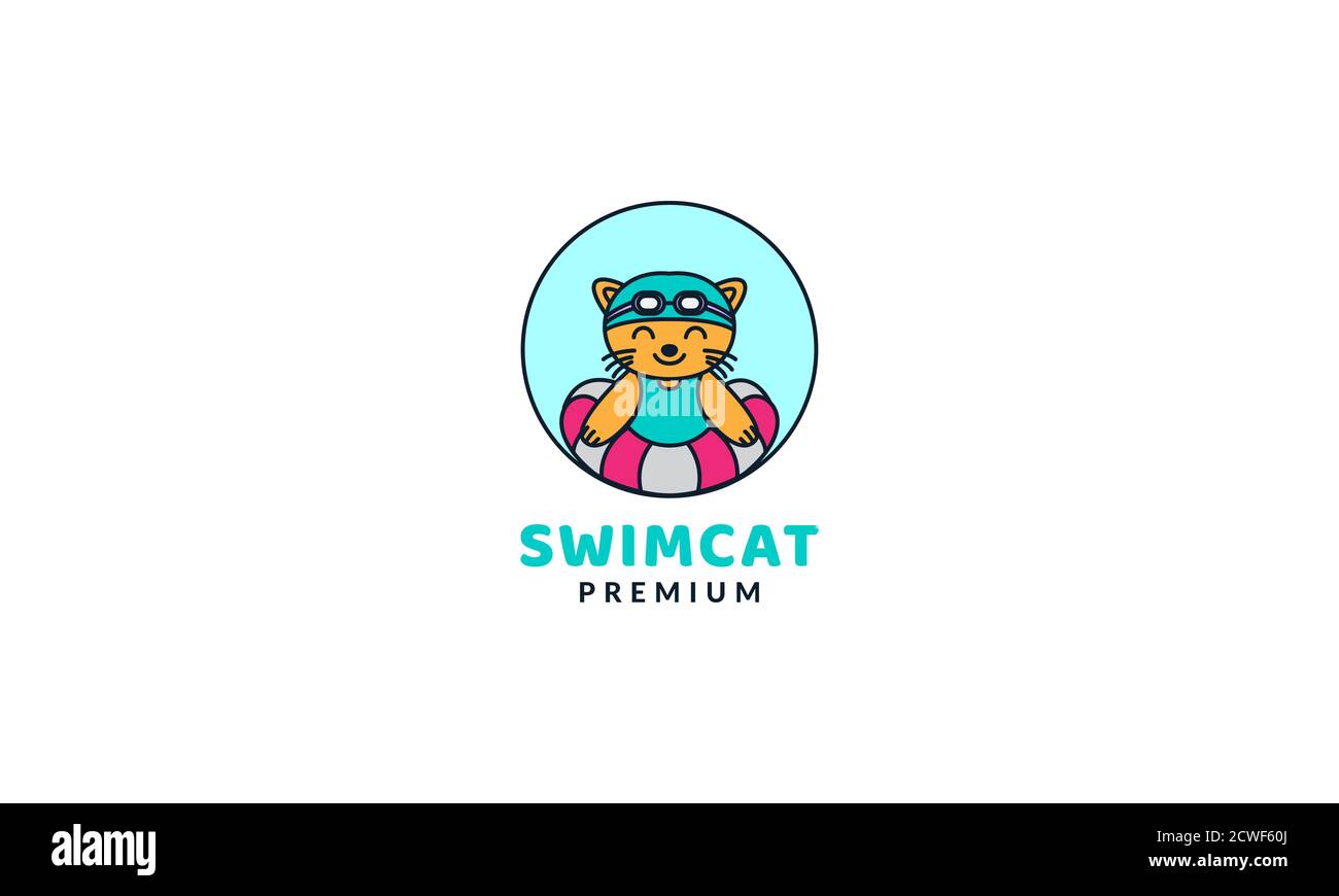 illustration mignon dessin animé chat natation ballon logo icône vecteur Illustration de Vecteur