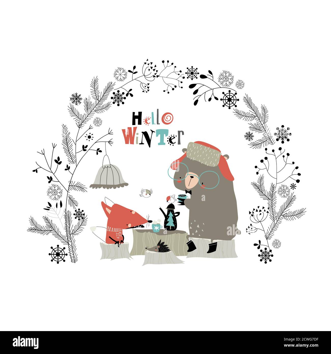 Renard mignon avec thé d'ours dans la forêt d'hiver Illustration de Vecteur