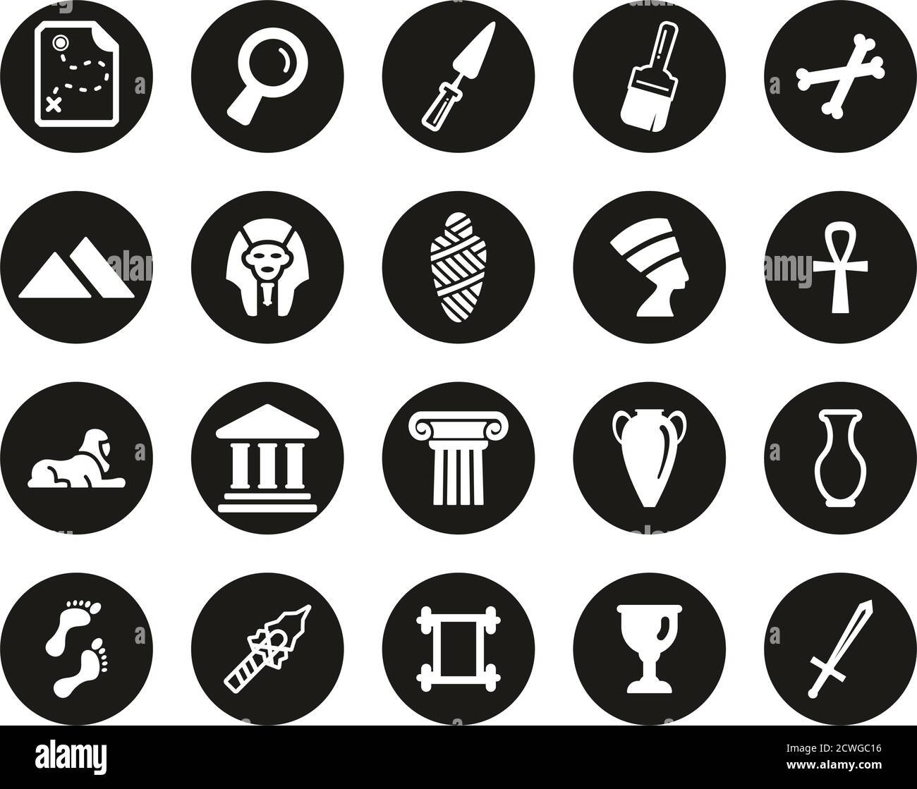 Icônes d'archéologie blanc sur noir plat Design cercle Set Big Illustration de Vecteur