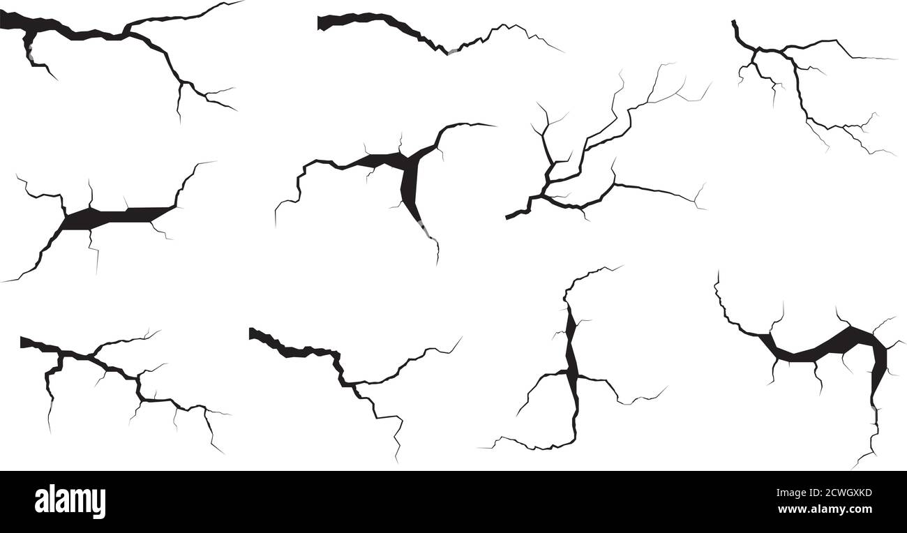 Jeu de fissures de masse. Tremblement de terre et fissures de terre, effet de trou, craquelure et texture de mur endommagée. Illustrations vectorielles pour les sujets tremblement de terre, accident Illustration de Vecteur