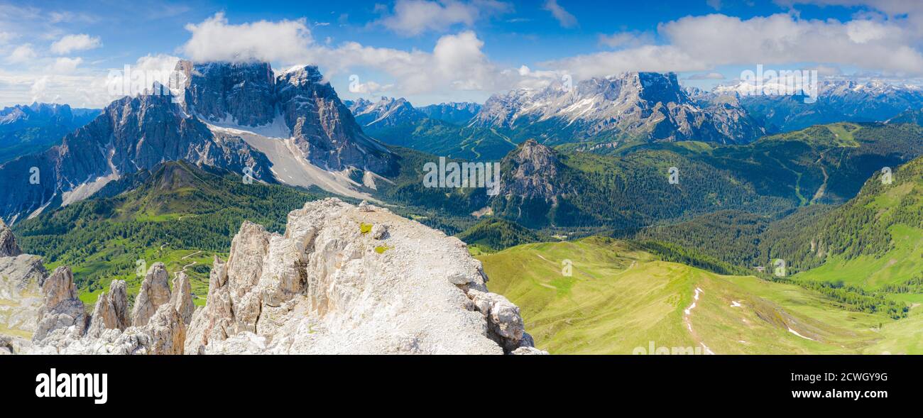 Pâturages verts et bois aux pieds de Monte Pelmo et Monte Civetta vue de Becco di Mezzodi, Ampezzo Dolomites, Vénétie, Italie Banque D'Images