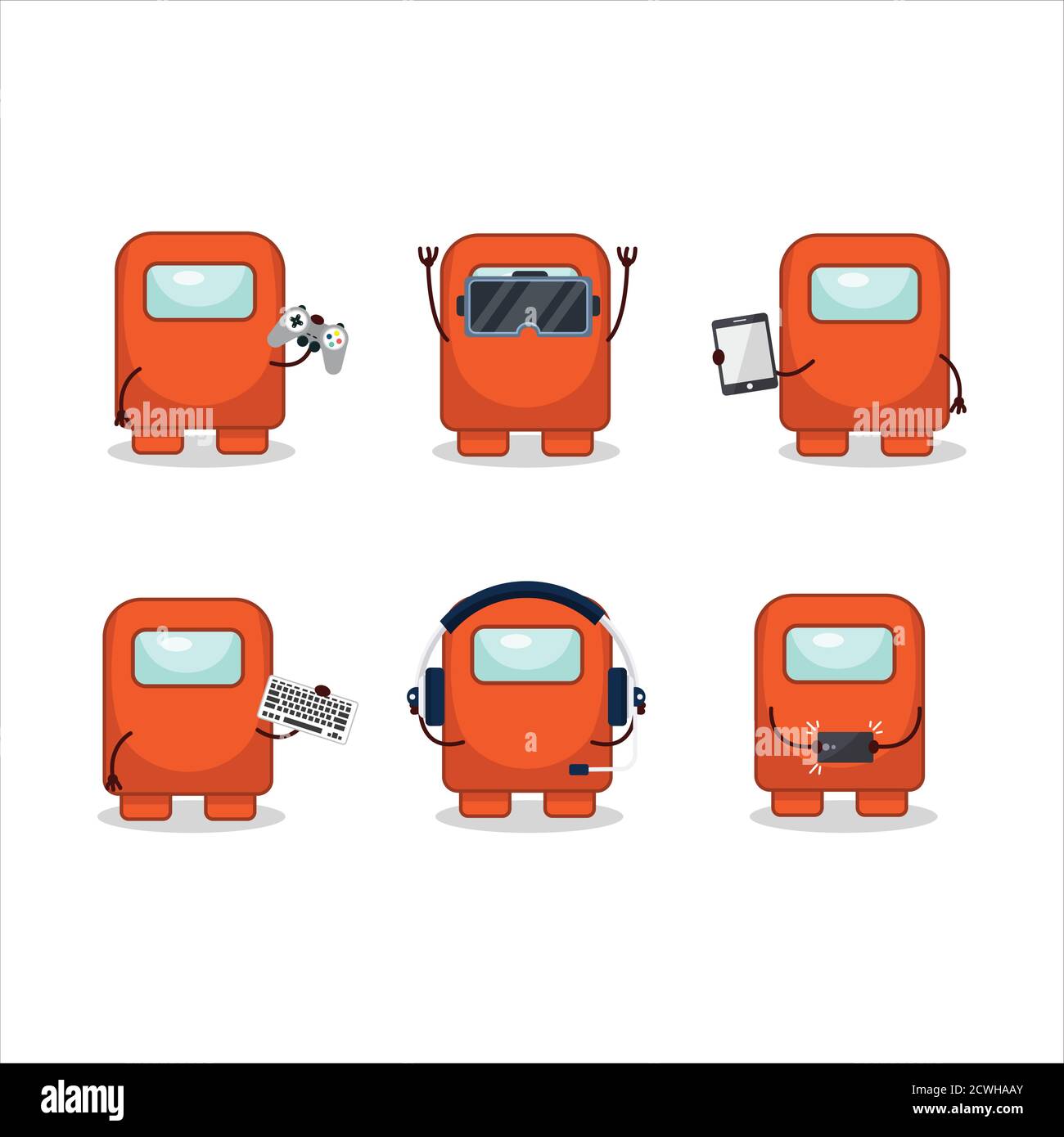 Parmi nous, le personnage orange de dessin animé jouent à des jeux avec divers émoticônes mignons Illustration de Vecteur