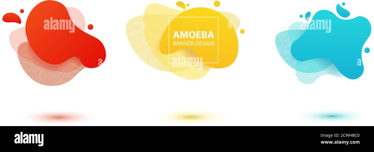 Design liquide amoeba. Formes d'amibe colorées dynamiques. Modèle de bannière moderne pour logo, prospectus, présentation. Couleurs jaune, rouge, bleu Illustration de Vecteur
