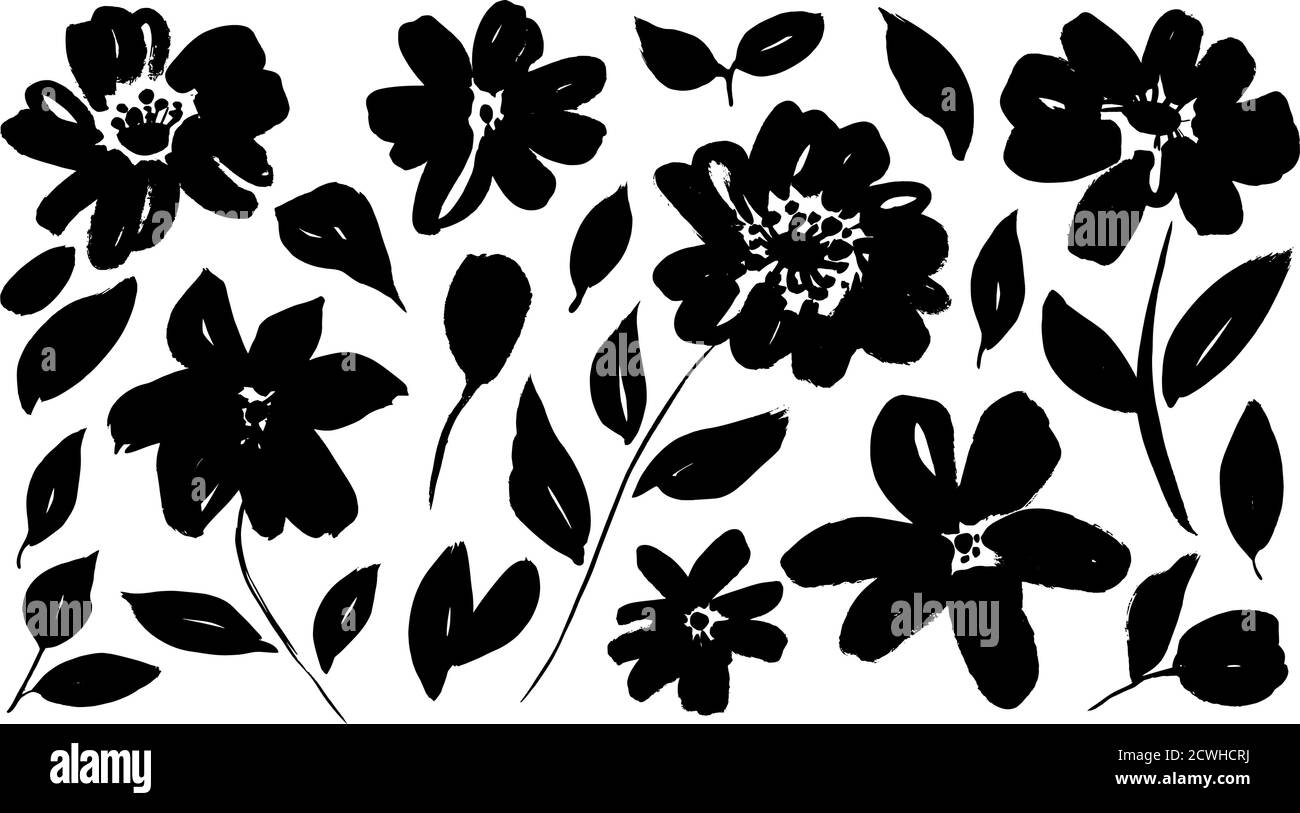Ensemble de silhouettes vectorielles à fleurs printanières dessinées à la main. Illustration de Vecteur