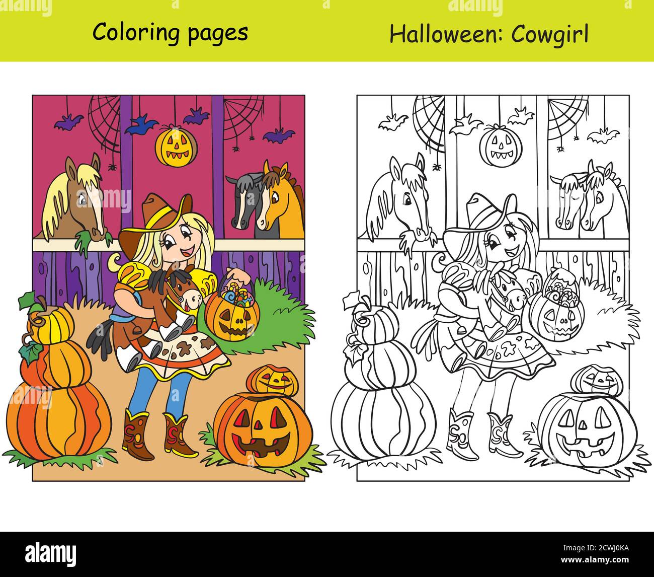 Coloriage avec l'exemple coloré Halloween cowgirl dans l'écurie Illustration de Vecteur