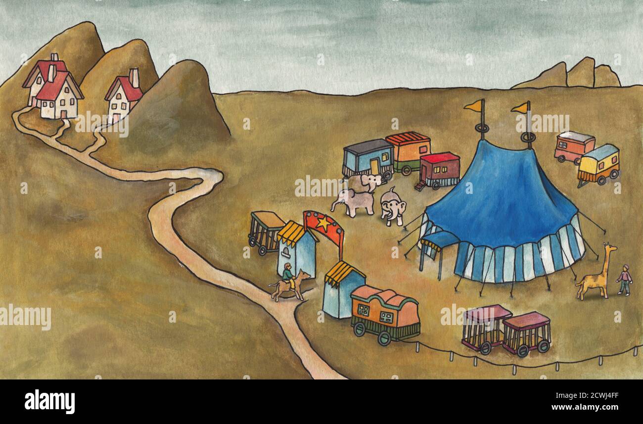 Un cirque a installé sa tente près du village. Illustration faite avec des acryliques. Banque D'Images