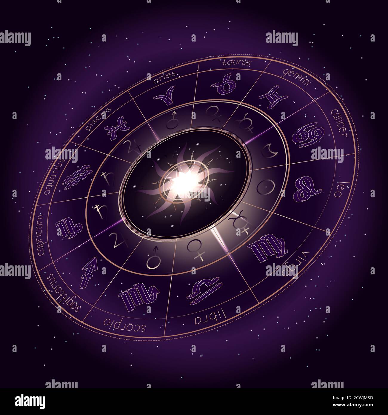 Illustration vectorielle avec cercle d'horoscope, symboles et pictogrammes zodiaques planètes astrologiques sur fond ciel étoilé avec motif géométrique. JE Illustration de Vecteur