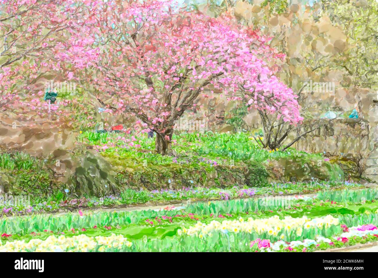 Illustration aquarelle du jardin botanique de Munich. Temps de floraison des cerisiers Banque D'Images