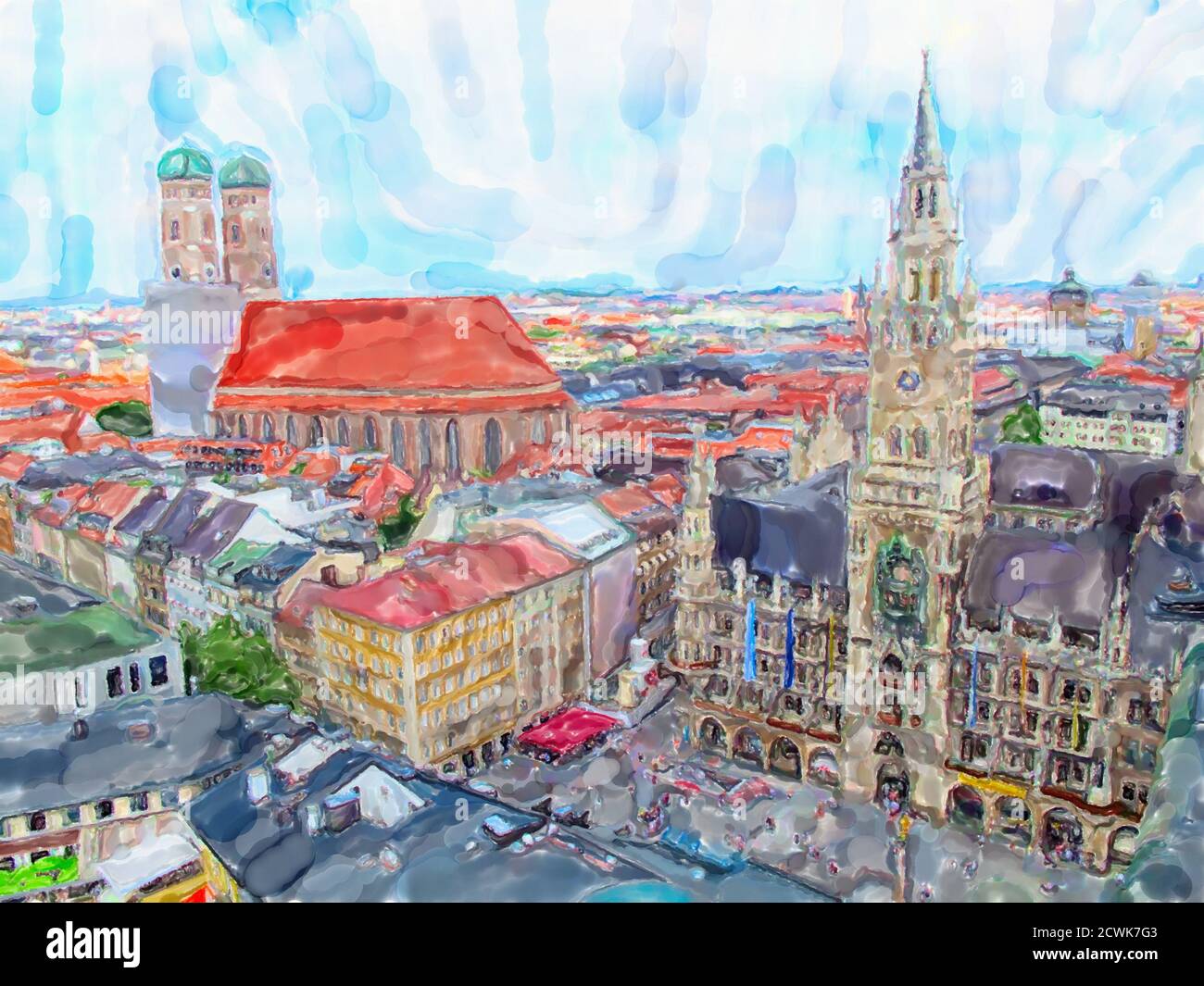 Illustration aquarelle de Marienplatz dans le paysage urbain de Munich. Vue aérienne Banque D'Images