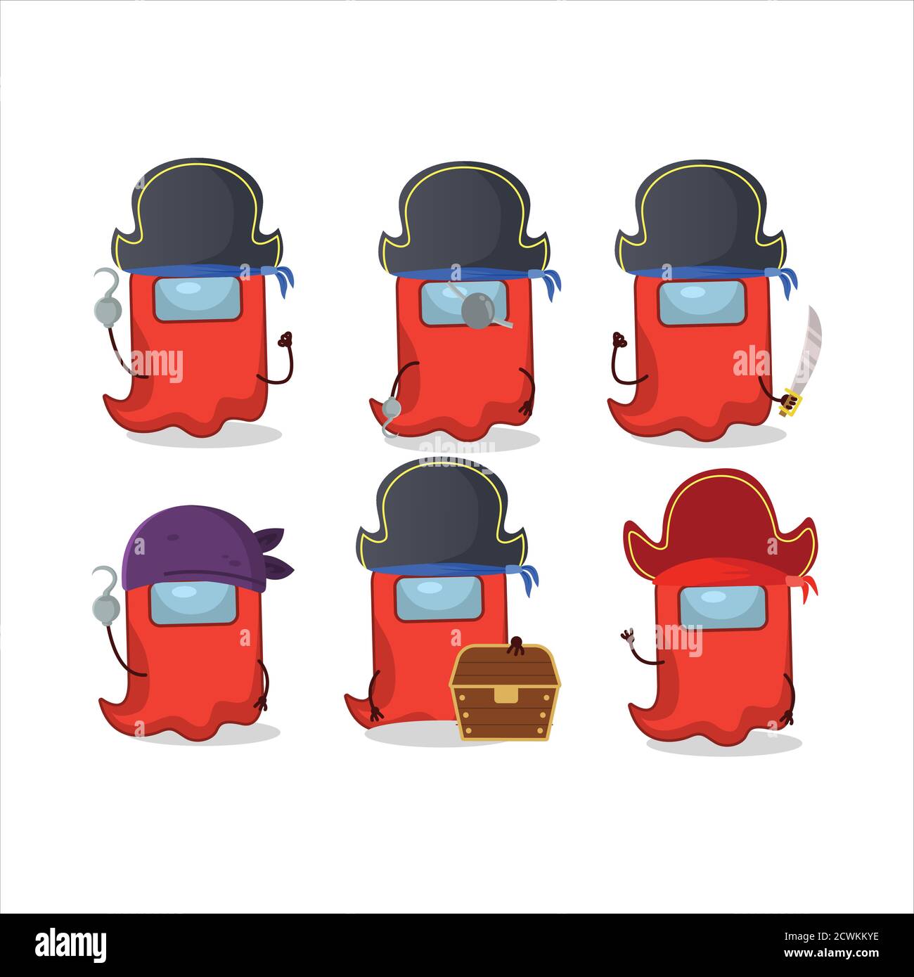 Personnage de dessin animé de fantôme parmi nous rouge avec divers pirates émoticônes Illustration de Vecteur