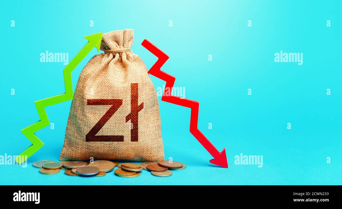 Sac d'argent zloty polonais et deux flèches de perte de profit. Concept de dépense de revenu. Débit et crédit. Exécution du budget. Balance commerciale. Dépôts ou prêts Banque D'Images