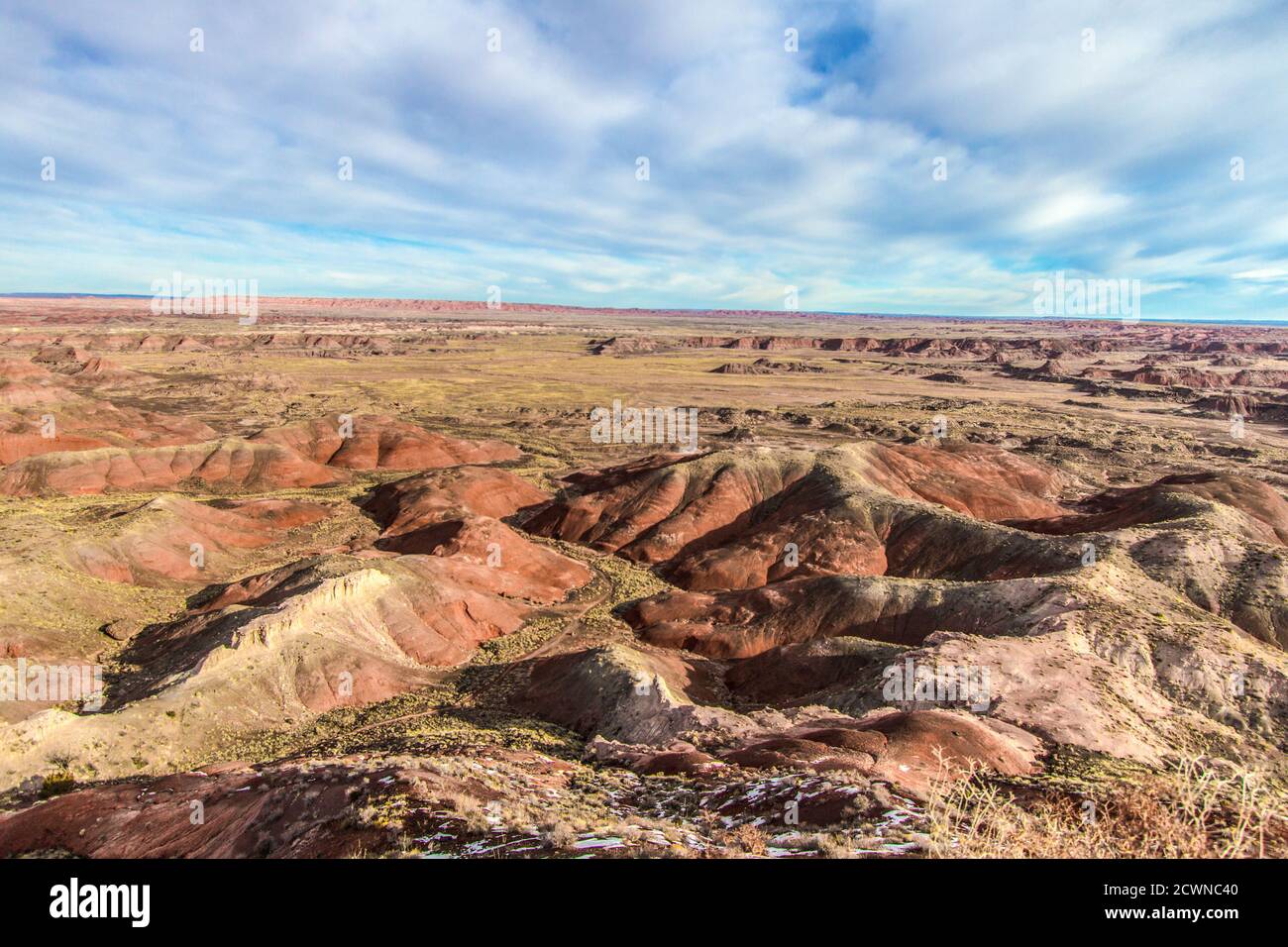 Vaste paysage sauvage du désert. Vue aérienne du désert sauvage de montagne du parc national de la Forêt pétrifiée du désert peint en Arizona Banque D'Images