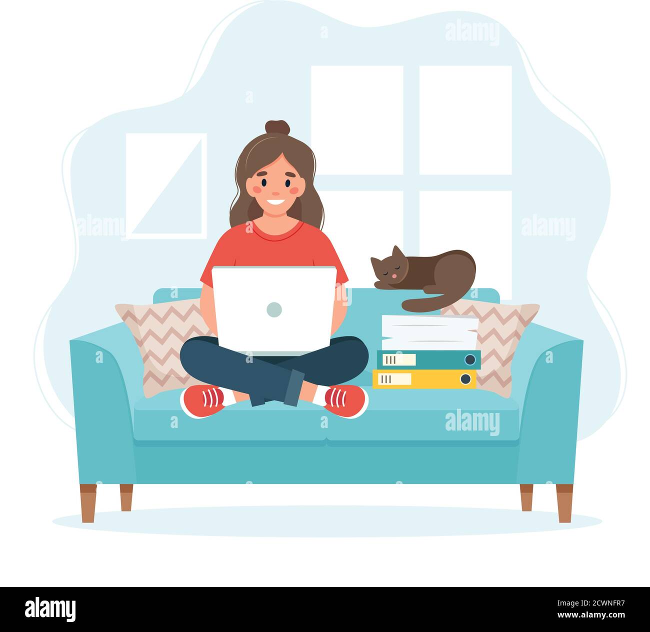 Concept de bureau à domicile, femme travaillant à la maison assise sur un canapé, étudiant ou indépendant. Illustration de Vecteur