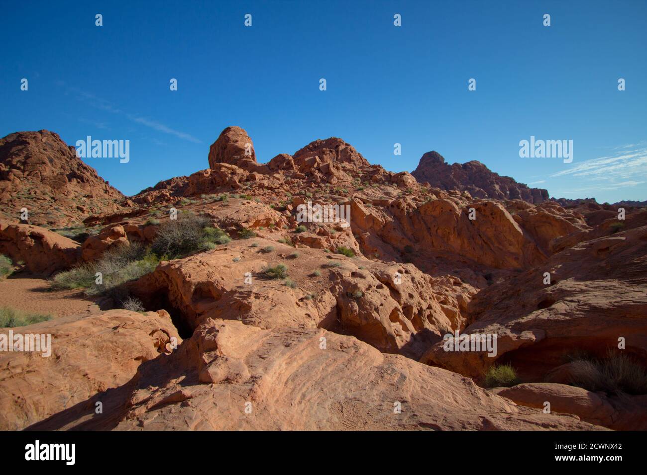 Vallée du feu. Montagnes de roches rouges et falaises dans le désert du Nevada au parc national de la Vallée de feu. Banque D'Images