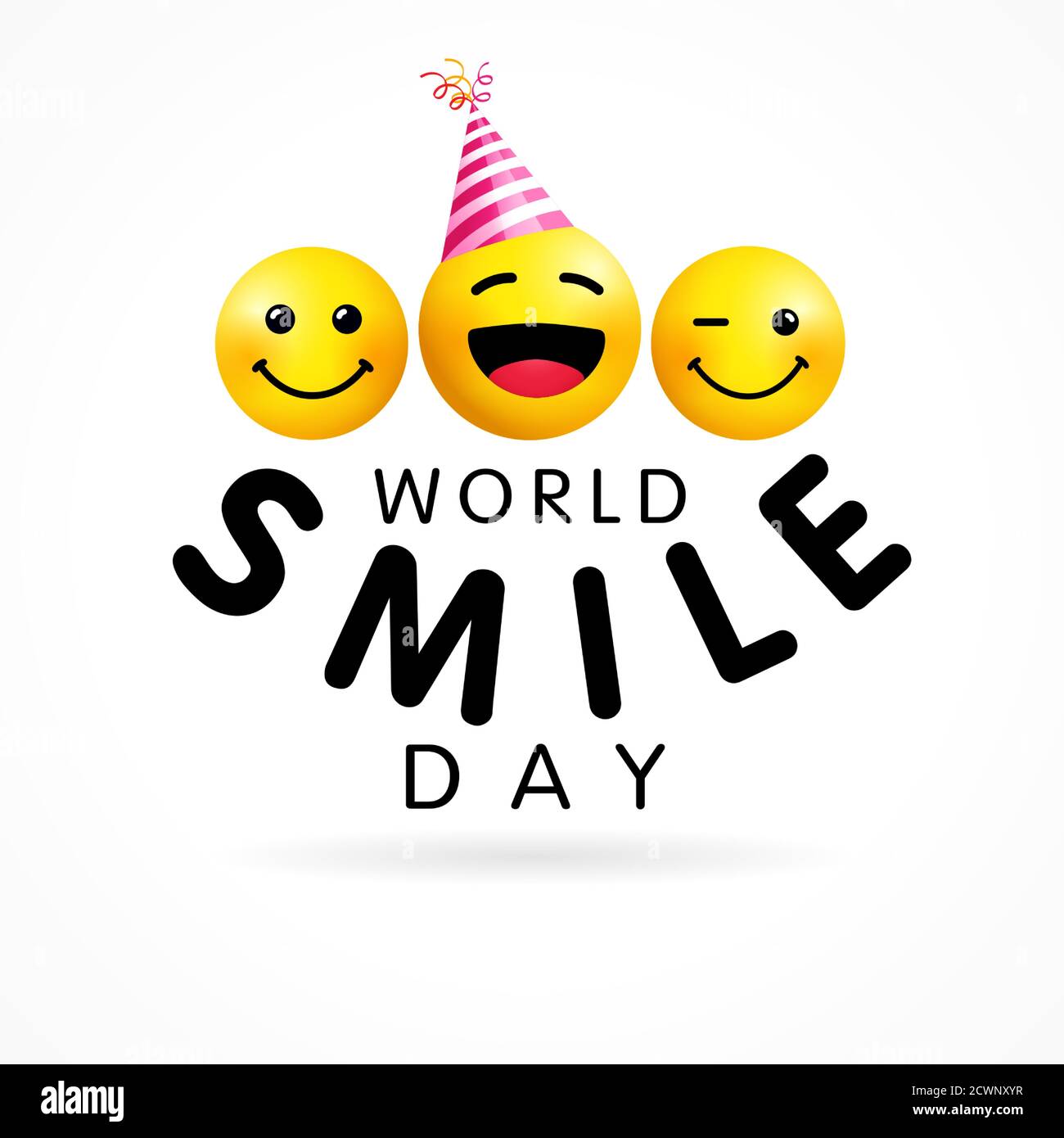 Modèle de conception de la Journée mondiale du sourire, 2 octobre. Joyeux jaune souriant icônes et texte, Web bannière conception. Émoticône vectoriel sur fond blanc. style 3d Illustration de Vecteur