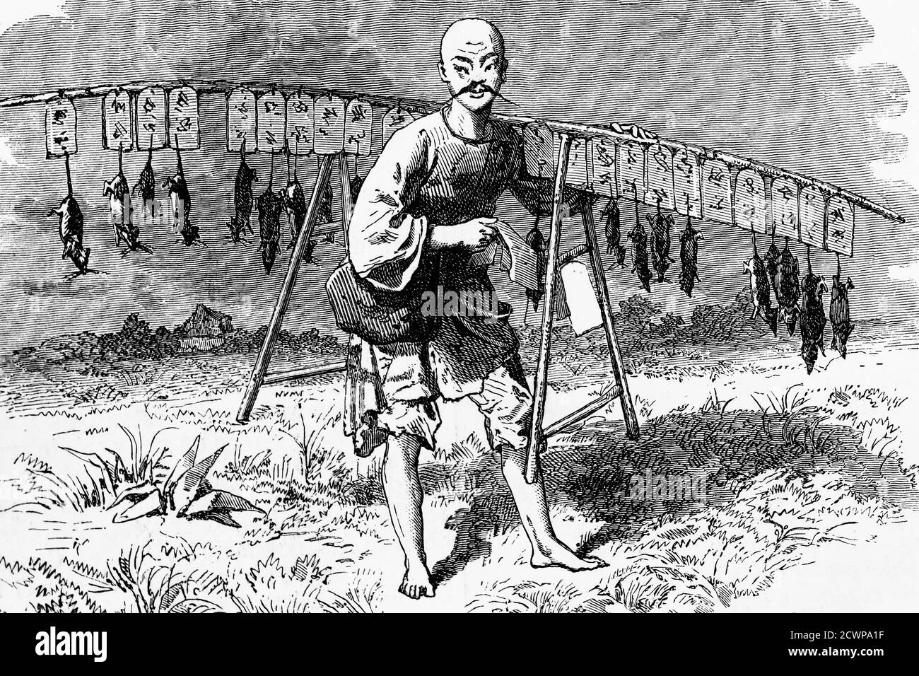 Attrape-rat en Chine. Illustration ancienne. 1865. Banque D'Images