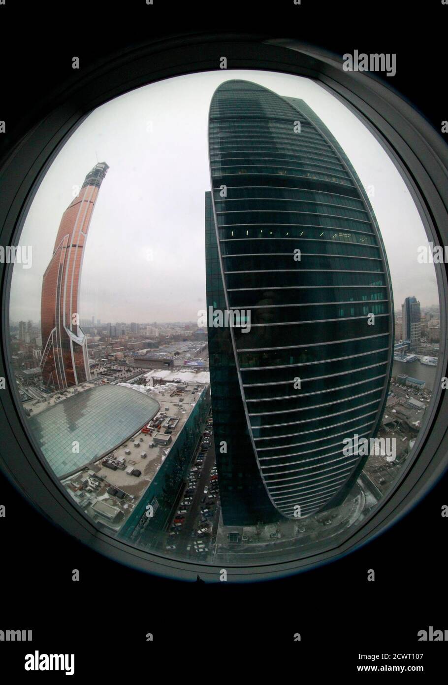 A general view shows the Imperia Tower (front) and the Mercury City Tower  (L) after a ceremony to present Mercury City Tower as Europe's tallest  skyscraper in Moscow, November 1, 2012. The