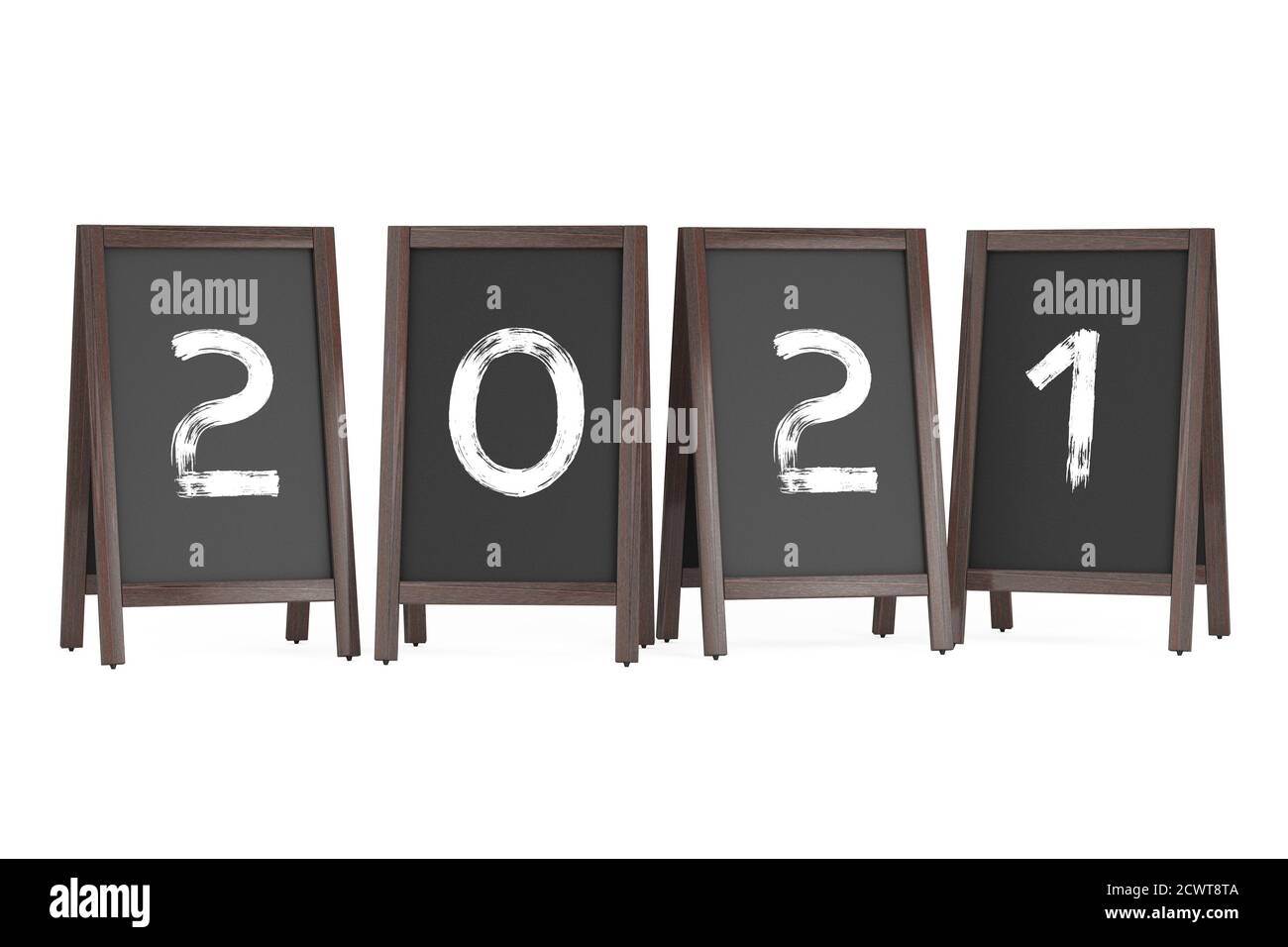 Menu en bois Blackboard Outdoor Displays avec 2021 ans Sign sur fond blanc. Rendu 3d Banque D'Images