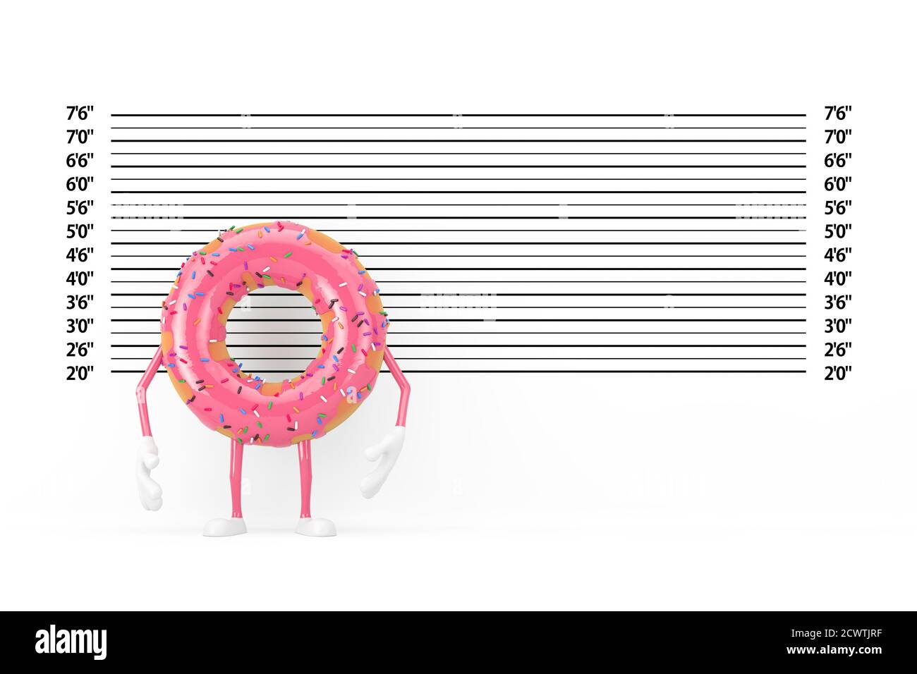 Big Strawberry Rose glacé Donut personnage Mascot en face de police ligne ou Mugshot fond extrême gros plan. Rendu 3d Banque D'Images