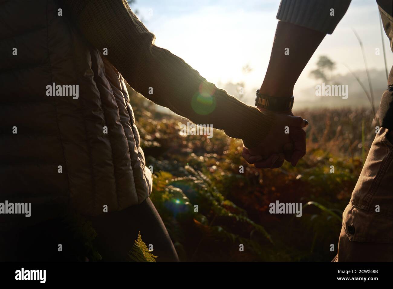 Gros plan sur la silhouette d'un jeune couple qui tient les mains sur une randonnée ensoleillée dans la nature Banque D'Images