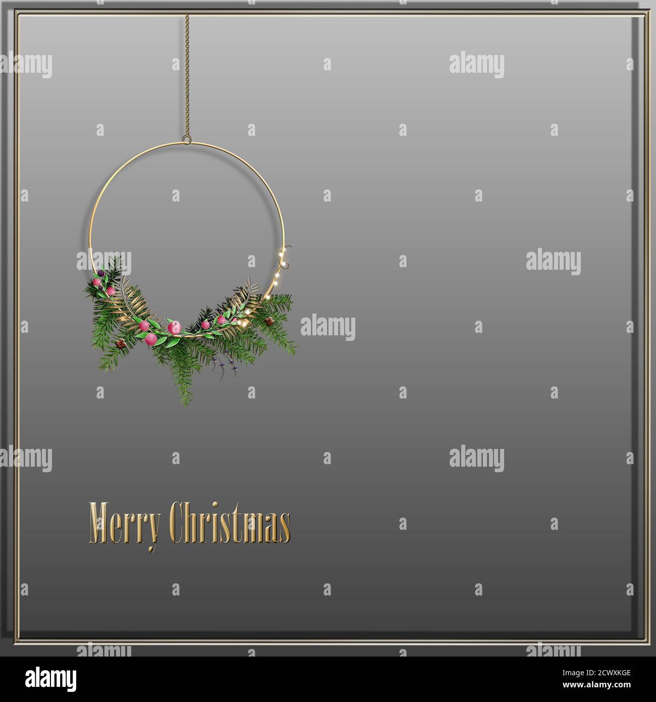 Élégante carte de vœux de fête. Couronne de Noël, clair, texte doré Joyeux Noël sur fond pastel. Maquette, placer pour le texte. Illustration 3D Banque D'Images