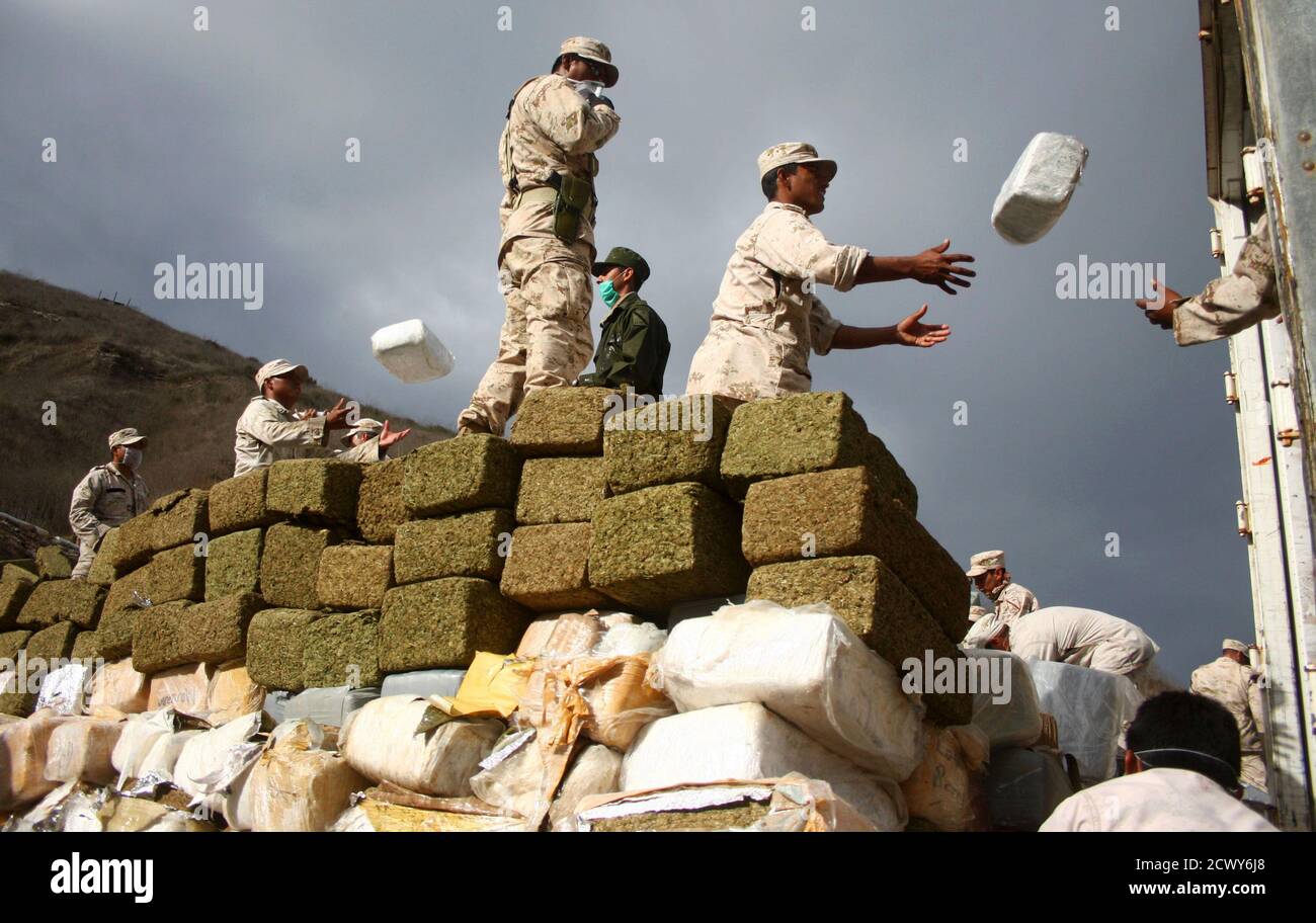 Soldiers unload marijuana to be incinerated at the military base Morelos in  Tijuana October 20, 2010. Mexican soldiers seized 134 tonnes of marijuana  on Monday in Mexico's biggest-ever pot haul, the army