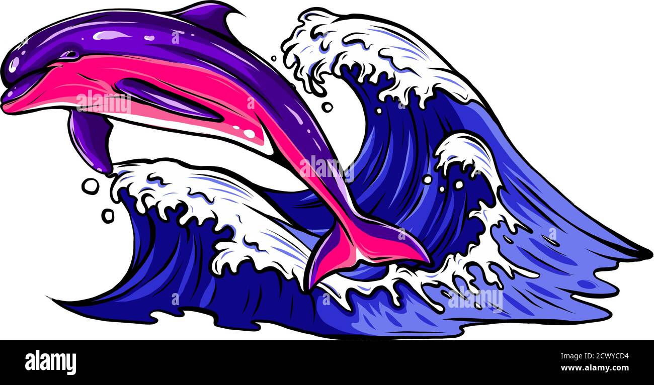 Les dauphins sautent dans l'illustration vectorielle des vagues de mer Illustration de Vecteur
