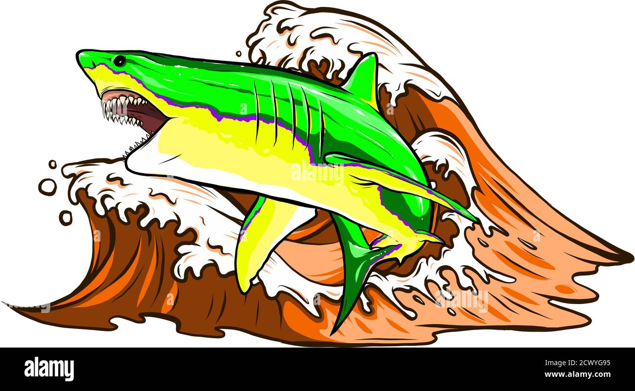 Logo du symbole Angry Shark Fish Jumping Out of Water Ocean Illustration de Vecteur