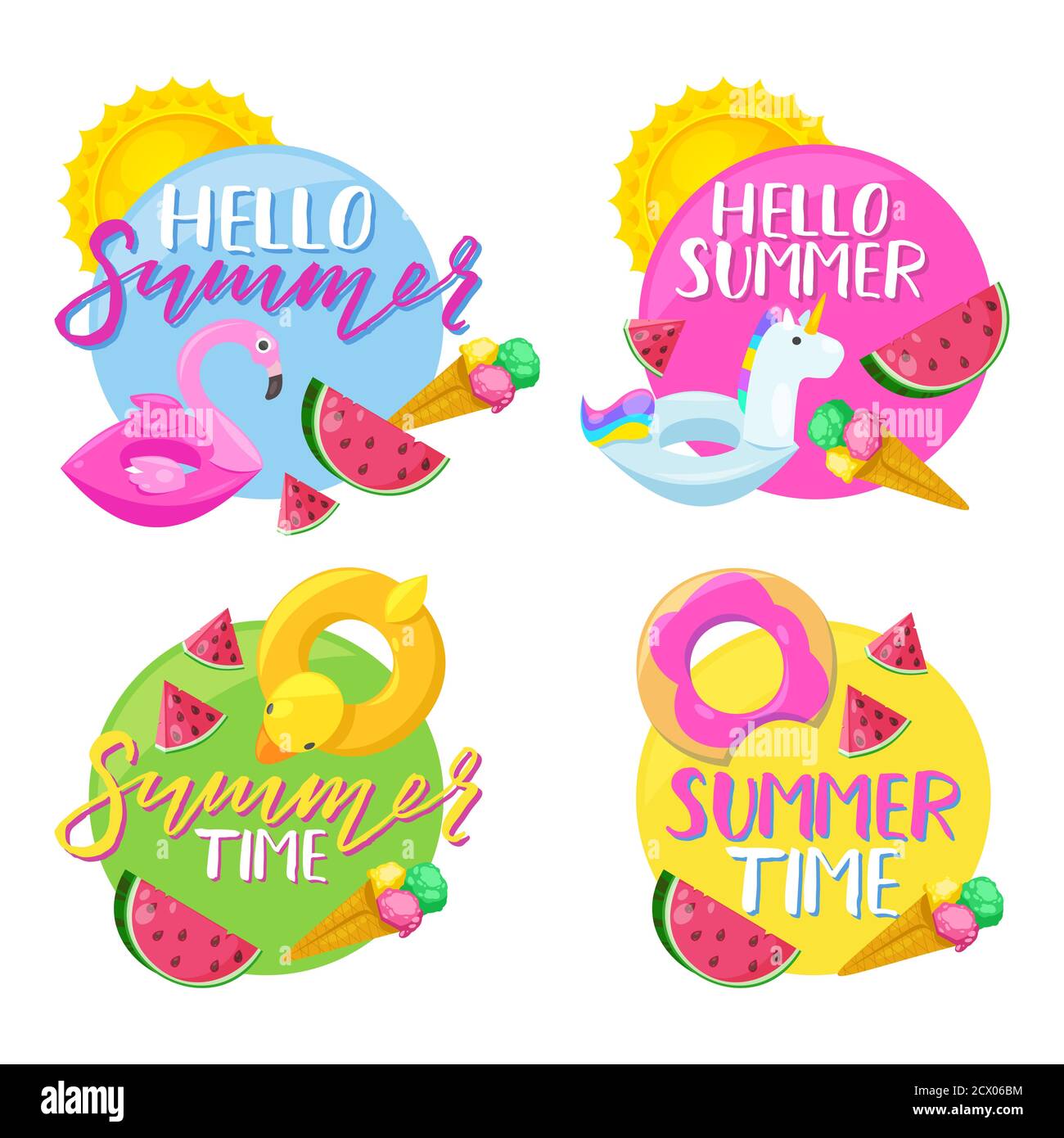 Ensemble d'autocollants, de badges, d'étiquettes et d'étiquettes pour l'été en forme de cercle. Illustration vectorielle Hello Summer. Vacances, voyage, vacances à la plage, piscine partie design éléments. Illustration de Vecteur
