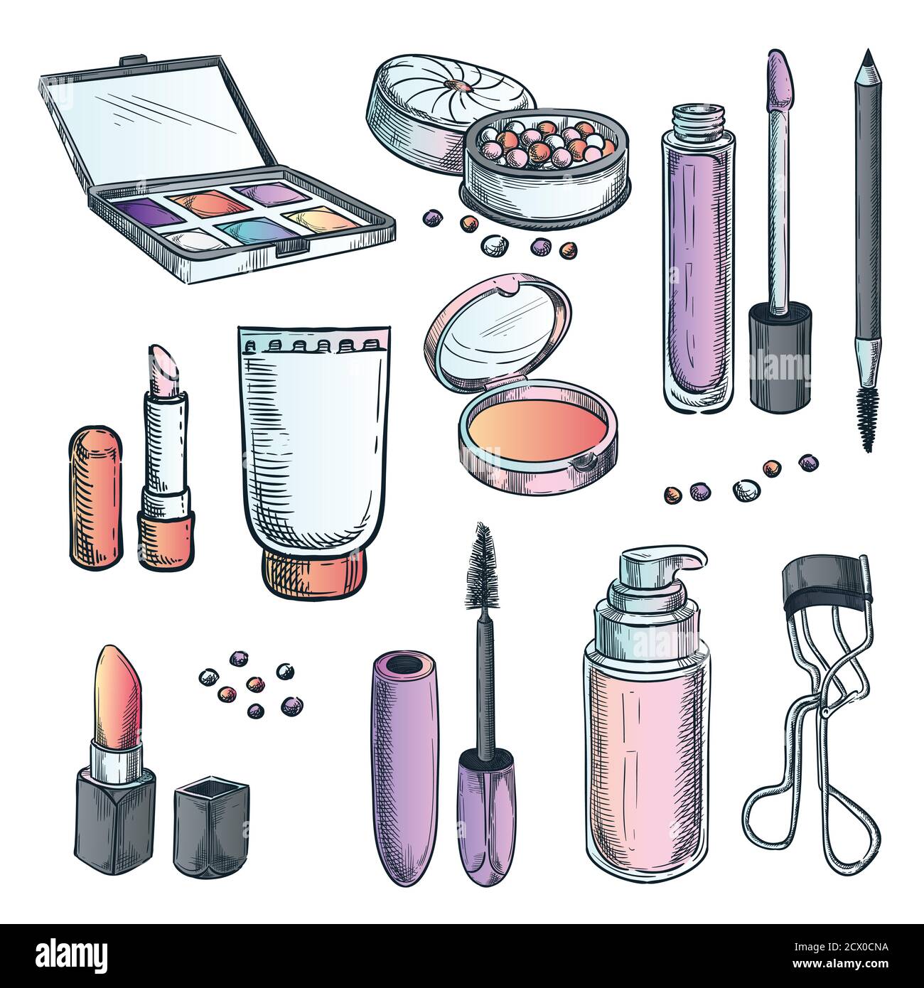 Illustration de l'esquisse de dégradé de couleurs vectorisé de maquillage. Articles de mode pour femmes. Produits de beauté et de soins isolés dessinés à la main. Illustration de Vecteur