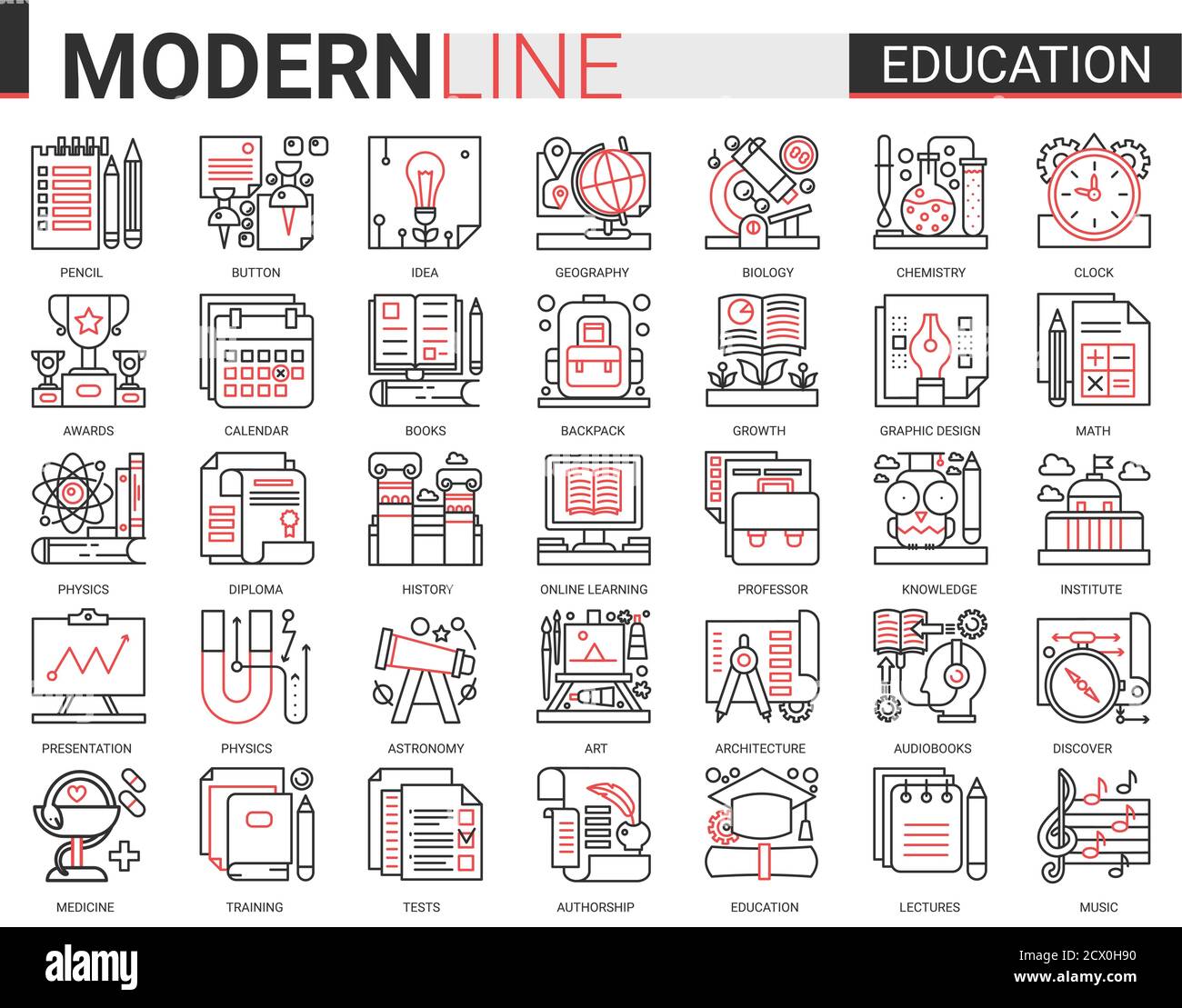 Education Complex concept fin rouge ligne noire icône vecteur ensemble avec plan infographie école, laboratoire ou université, symboles éducatifs, équipements d'expérimentation de laboratoire, livre d'école et papeterie Illustration de Vecteur