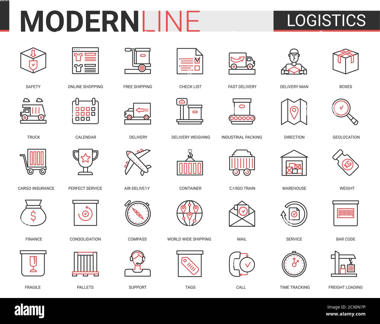 Ensemble d'illustrations vectorielles pour le transport logistique et le service de livraison. Symboles linéaires fins rouges noirs pour le site Web d'applications mobiles avec transport de fret, chargement d'entrepôt, expédition Illustration de Vecteur