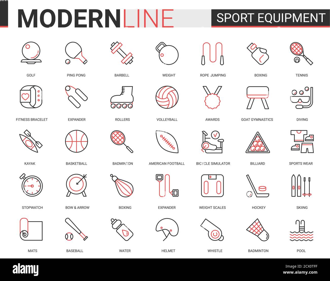 Équipement de fitness fin rouge ligne noire icône vecteur jeu d'illustrations. Équipement de sport linéaire pour les symboles sportifs avec vêtements de sport, article de gym d'exercice, collection de matchs de tennis de badminton de football Illustration de Vecteur